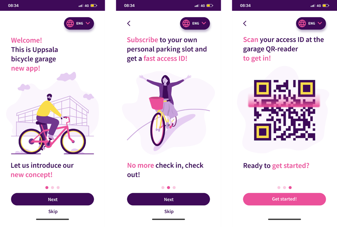 Three wireframe screens of a bicycle garage app
